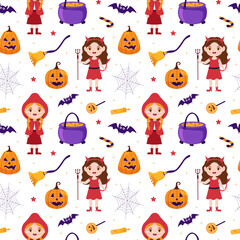 Happy Halloween Night Festival Seamless Pattern Design with Spooky Elements in a Cartoon Illustration Template