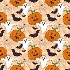 Happy Halloween Night Festival Seamless Pattern Design with Spooky Elements in a Cartoon Illustration Template