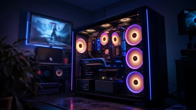High-End Gaming PC with RGB Lighting Effects and Modern Components Showcase in 4K