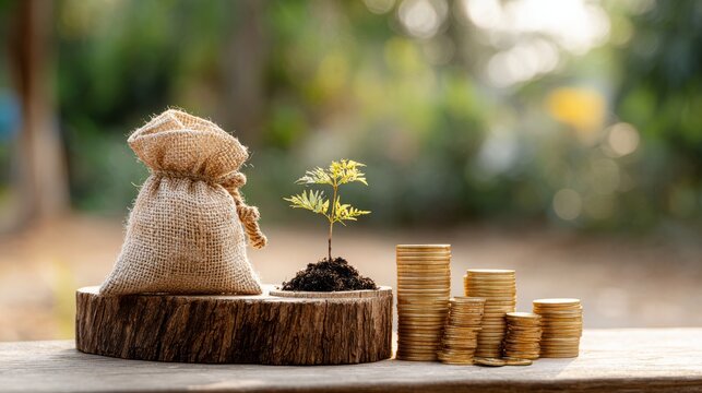 Stack of gold coins and money bag with growing tree on wooden surface in morning sunlight at park, symbolizing savings, financial growth, investment, banking and business success concept - Powered by Adobe