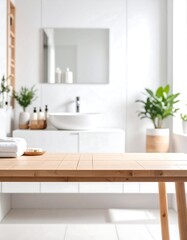Fototapeta premium Light wood table in minimalist bathroom
