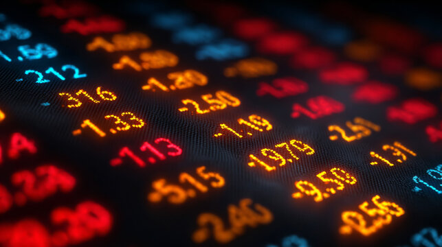Stock Market Ticker Display: Numerical data cascade across a darkened display, revealing fluctuations within the financial market.