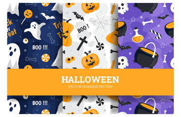 Happy Halloween Night Festival Seamless Pattern Design with Spooky Elements in a Cartoon Illustration Template