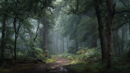 Naklejka premium A misty path winding through a dense forest with tall trees and lush green foliage all around it
