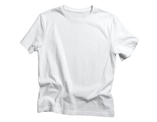 Fototapeta premium Casual White T-Shirt Hanging with Wrinkled Texture, Top-Down Perspective, isolated