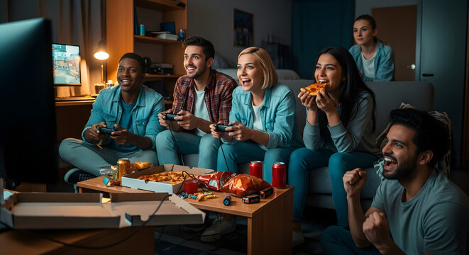 Excited group of friends playing video games together in living room, enjoying snacks and cheering, creating a fun and energetic atmosphere.
