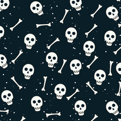 Fototapeta premium Halloween seamless pattern with cartoon skulls and bones on a dark background. Playful spooky design perfect for wrapping paper, textiles, wallpapers, party decor, and seasonal illustrations.