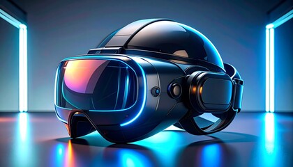 Modern virtual reality headset, sleek and futuristic design, displayed against a backdrop of vibrant neon lighting.