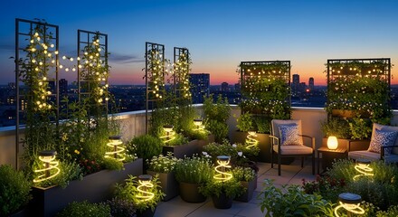 Sustainable Lifestyle Serene Rooftop Garden with Solar Lights at Twilight