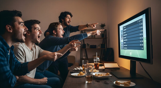 Excited friends watching soccer game on television in living room, cheering and pointing at the screen with snacks and drinks, creating a lively atmosphere. - Powered by Adobe