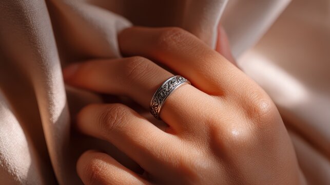 Close-up macro shot of an elegant silver ring with intricate engravings, soft diffused lighting highlighting the texture, pale beige background, natural female hand wearing the ring