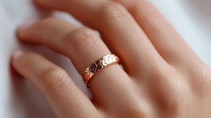 Close-up of a rose gold ring with floral patterns, soft light emphasizing the curves, simple cream background, hand with natural nails wearing the ring