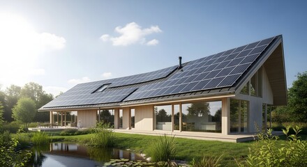 Fototapeta premium Modern eco-house with solar panels, embracing a sustainable lifestyle in a serene natural setting, powered by clean energy