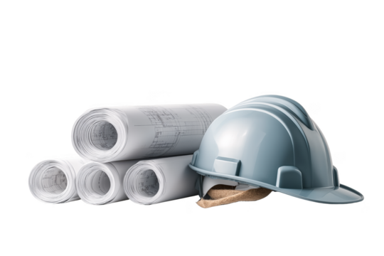 Construction safety and planning tools hard hat and rolled blueprints for engineering and architecture projects transparent background