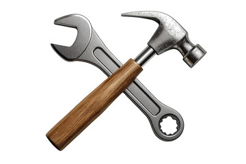 Crossed metal wrench and hammer detailed close-up industrial tool symbol image transparent background