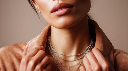Close-up of layered silver chains with unique pendants, soft warm light, neutral beige suede background, model is hand adjusting one of the necklaces