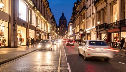 Busy City Street at Night with Illuminated Storefronts and Blurred Car Lights