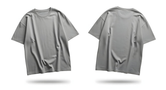 A complete 3D mockup of a gray oversized t-shirt, showing both the front and back views, floating on an isolated white background for a modern streetwear apparel template