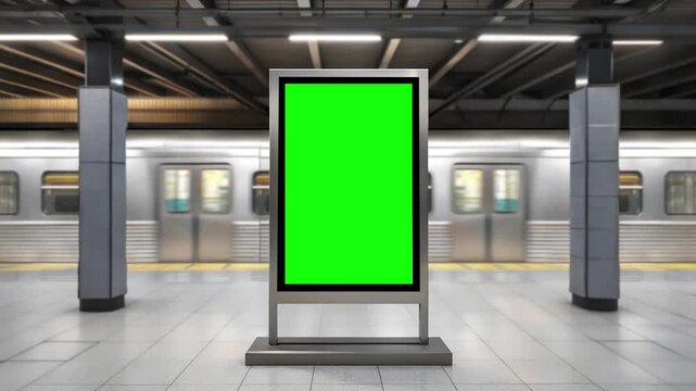 Subway station billboard with green screen and train passing in background