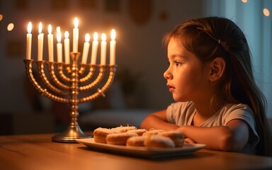 Child girl Looking at Menorah Candles on wooden table and sufganiyot on background light glitter bokeh overlay. Hanukkah jewish holiday Israel hebrew traditional family celebration invitation design