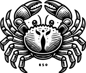 Detailed monochrome illustration of a crab with prominent claws and segmented legs in a graphic style