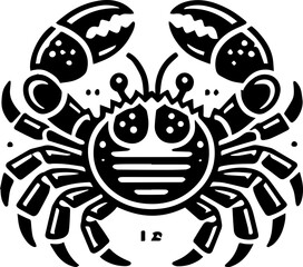 Illustration of a crab with large claws and small eyes in black and white line art style design element