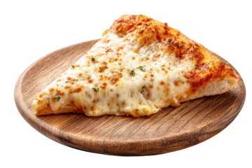 Delicious slice of cheesy pizza served on a rustic wooden plate a gastronomic delight transparent background