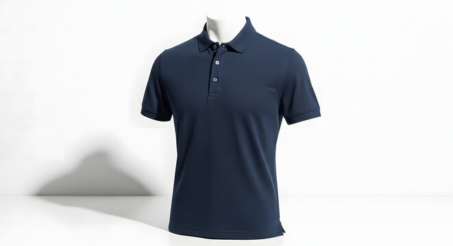 A clean product mockup of a plain navy blue polo shirt on a minimalist white mannequin, for a men's fashion, sport, or corporate apparel catalog