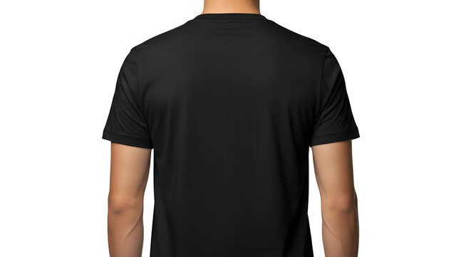 A clean mockup of a plain black t-shirt, showing the back view on a male model, perfectly isolated on a white background for apparel branding and custom back prints