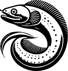 Illustration of a black and white eel with spots and fins in a circular swirling position