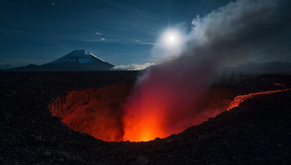 Fototapeta premium Volcanic eruption at night with lava and smoke in foreground