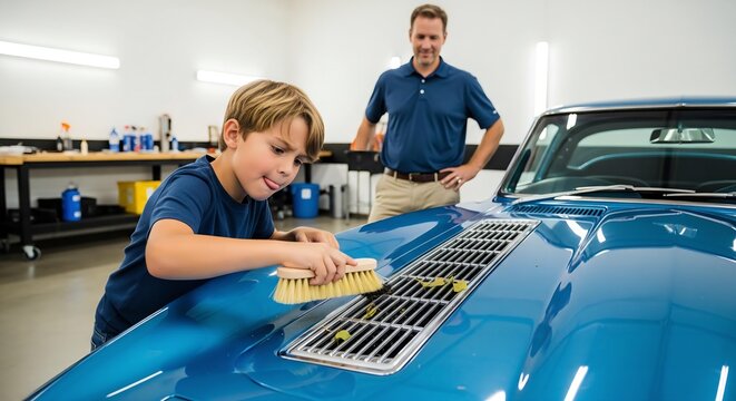 Pride of Ownership: A Young Boy Learns the Importance of Keeping a Classic Car Clean.