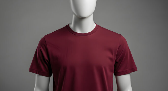A clean product mockup of a plain deep red t-shirt on a minimalist white mannequin, for a men's fashion retail display or e-commerce catalog