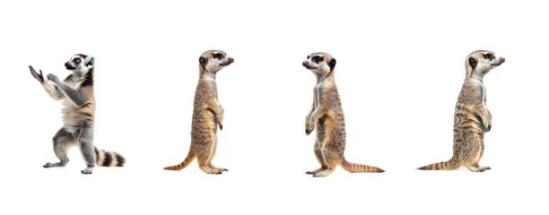 Collection of Lemur foraging Sniffs around or picks fruit, leaves, or insects from trees. full length isolate on transparent background