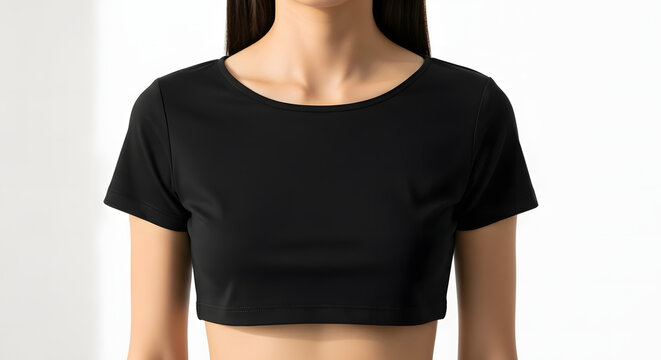 A clean mockup of a women's black activewear crop top, showing the front view on a model, providing a blank template for gym, fitness, or dance apparel branding