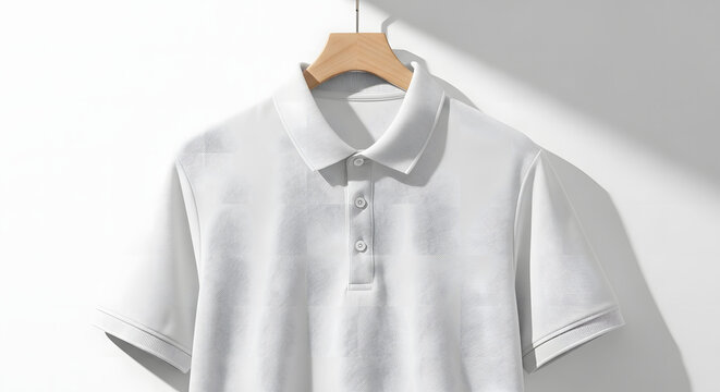 A clean, modern product shot of a white terry cloth polo shirt hanging on a wooden hanger, with natural light shadows creating a stylish summer fashion mockup
