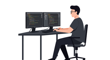 Programmer Working on Code at Dual Computer Monitors.