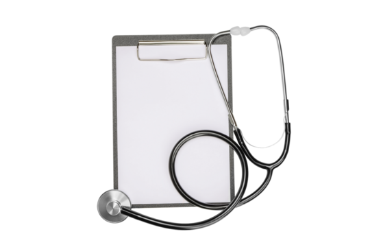 Stethoscope lies next to a blank clipboard for notes, isolated, PNG