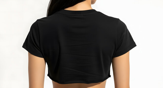 A modern mockup of a black crop top t-shirt, showing the back view on a female model, featuring a raw hem for a trendy streetwear or activewear template