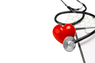Heart and stethoscope on medical forms, isolated on white, PNG