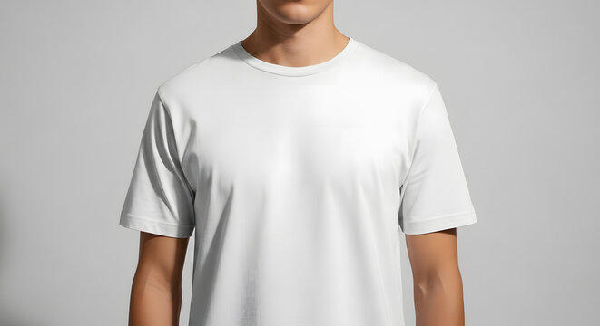 A clean and simple mockup of a plain white t-shirt on a male model, providing a blank template for apparel branding, custom prints, and logo design