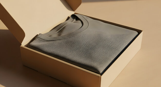 A neatly folded gray t-shirt packaged in an open cardboard box, representing an e-commerce order, online shopping, and a premium unboxing experience