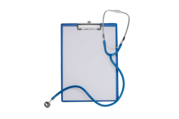 Medical equipment includes a clipboard and stethoscope, isolated, PNG