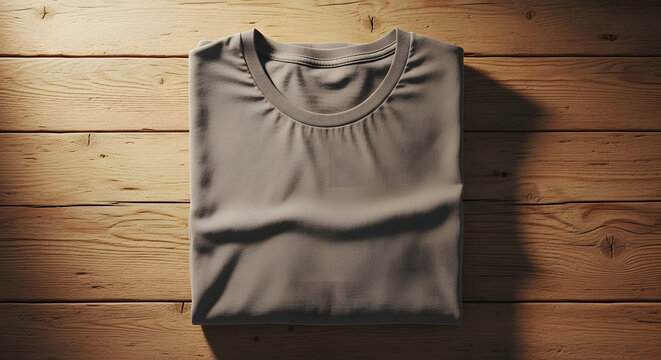 A neatly folded taupe t-shirt resting on a rustic wooden surface, shot from above in a flat lay style, conveying a sense of casual comfort and natural simplicity