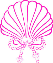 Girly Pink Conch Seashell with Pearl Ribbon Bow Outline Hand Drawn