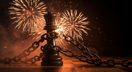 Chained Chess King: A dramatic and powerful image of a dark king chess piece held by heavy chains, with fireworks exploding in the background