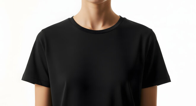 A close-up mockup of a plain black t-shirt on a model, showcasing the crew neck and providing a blank template for apparel branding and logo design