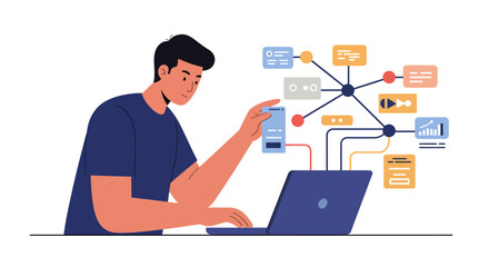 Man Working on Laptop with Connected Devices Illustration.
