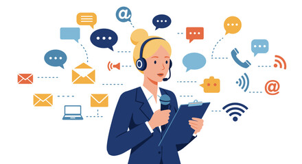 Blonde Woman with Headset and Microphone Communication Concept.