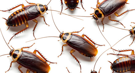 A close-up view of several brown American cockroaches scattered on a clean white background, highlighting their segmented bodies and long antennae.